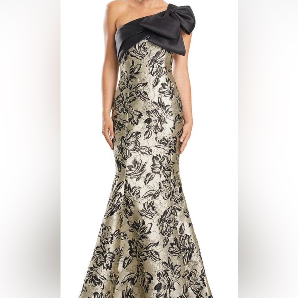 One-Shoulder Metallic Floral Gown with Bow